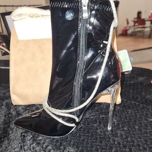 Glossy Black Heeled Boots with Clear Stiletto